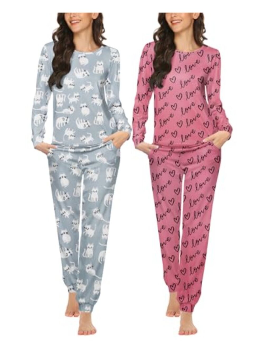 Ekouaer 2 Pack Women's Pajama Set Long Sleeve Jogger Pants Lounge Sleepwear